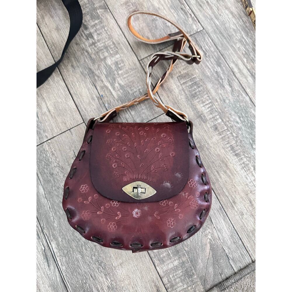 Vintage Mexico Women's Brown Floral Leather Boho Hippie Crossbody Bag